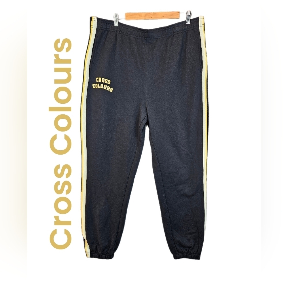 Cross Colours Mens Pull On Black Jogger Pants sz 2XL Adj Waist 1989 Graphic